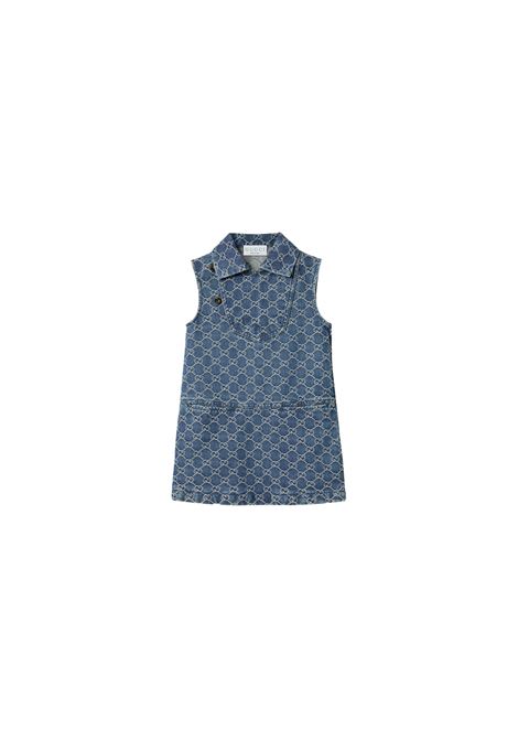 Blue and Ivory Denim GG Jacquard Sleeveless Dress GUCCI KIDS | 808299-XDC6G4266